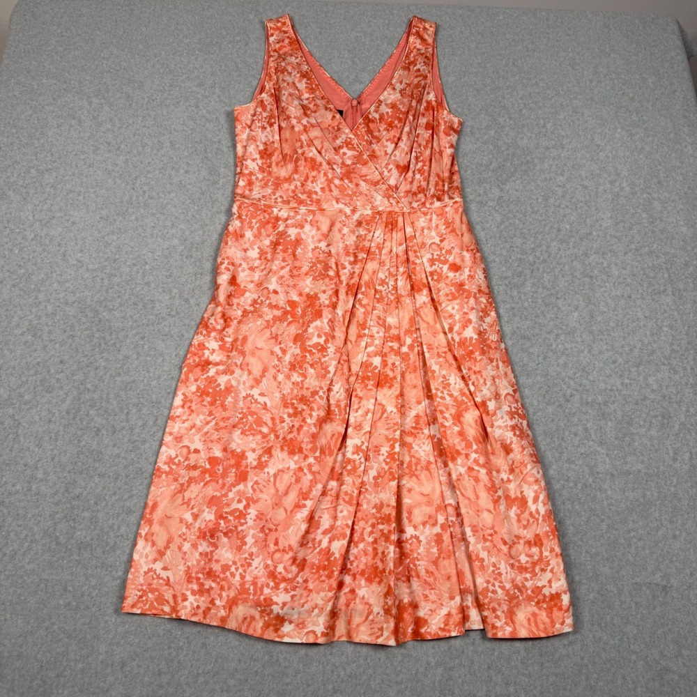 Talbots Silk Cotton Coquette Floral Dress Coral Orange Watercolor Pleated V 8